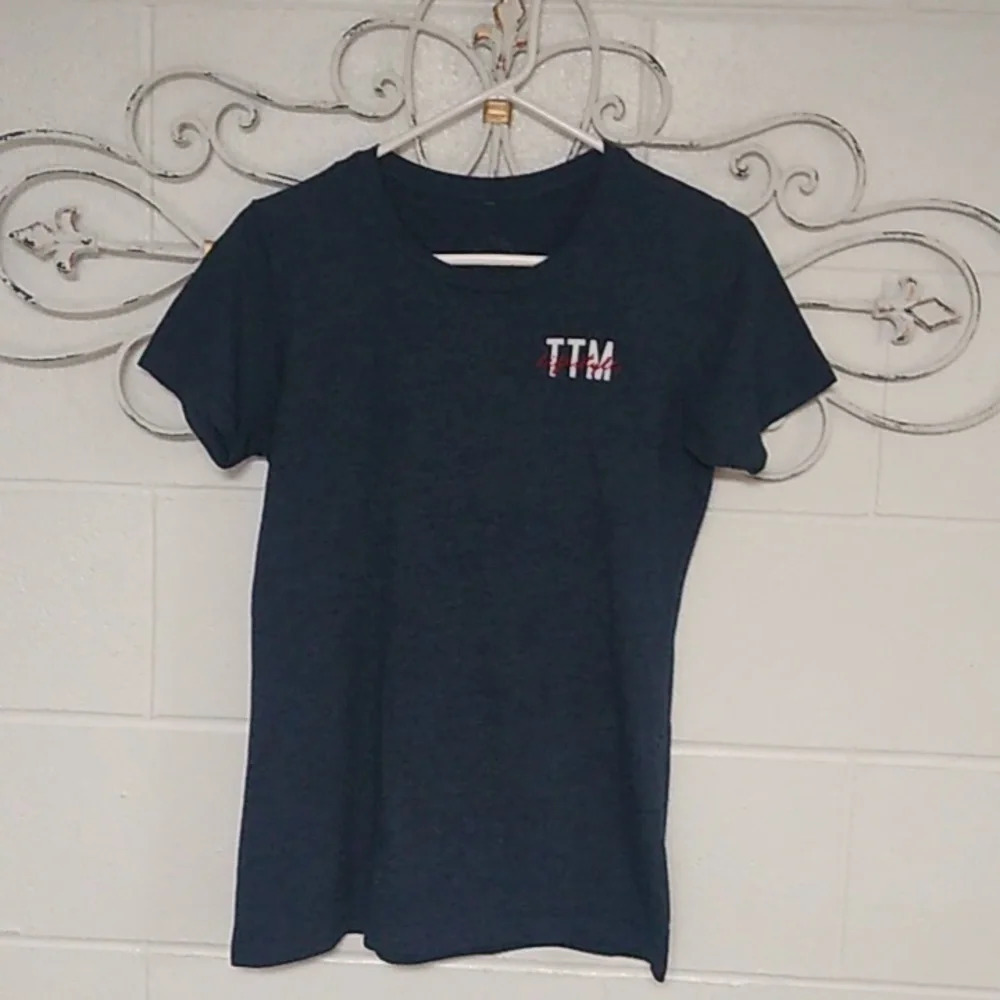 RED EMBROIDERY, FRONT & BACK GRAPHIC ON NAVY,  LOGO, TEE SHIRT